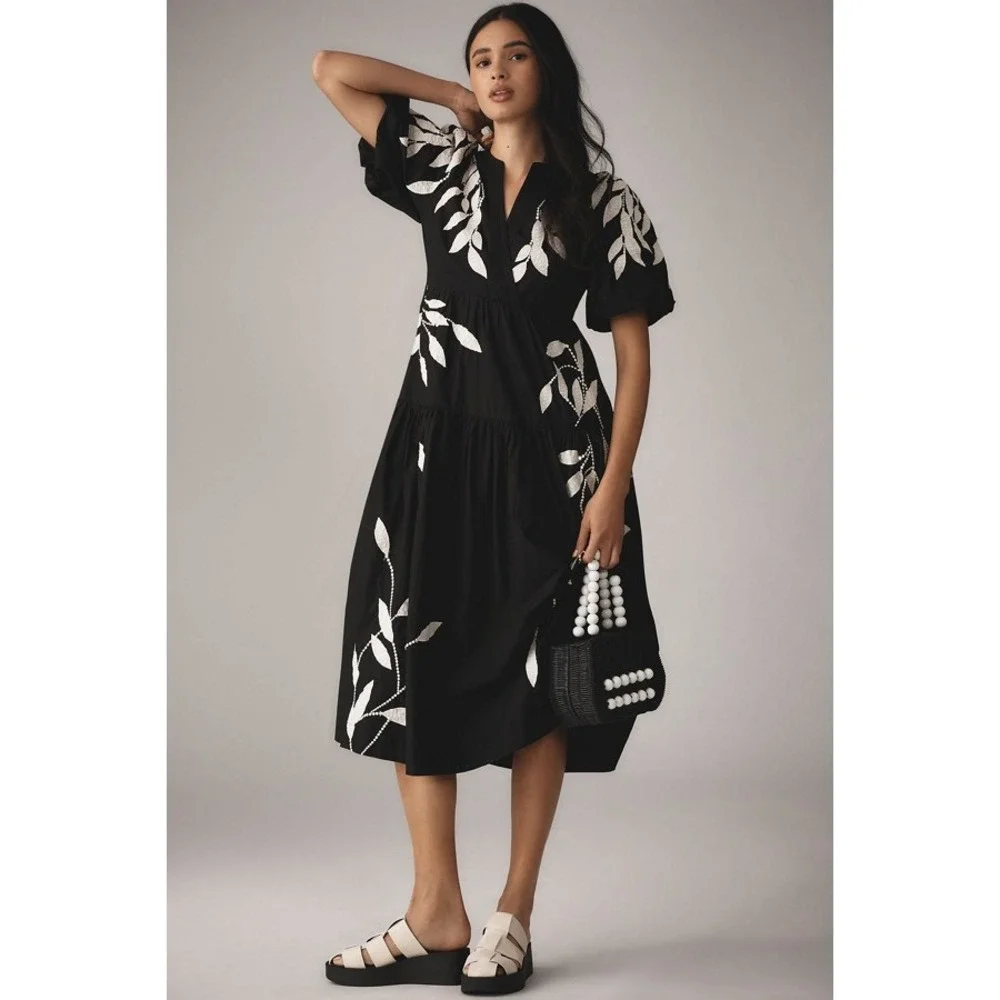 Anthropologie sz S Short Sleeve Black White Embroidered Leaf Midi Dress Smocked - Picture 1 of 8